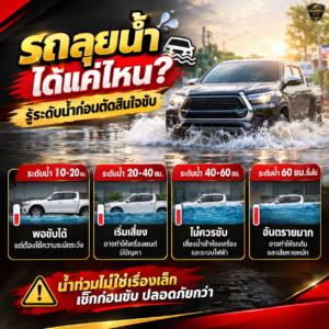 🌧️🚗 น้ำท่วมแบบไหน…รถถึงจะขับได้นะ? ช่วงหน้าฝน สิ่งสำคัญไม่ใช่แค่ดูว่าน้ำสูงแค่ไหน แต่ต้องประเมิน ความแรงของกระแสน้ำ สภาพถนน และระดับน้ำก่อนตัดสินใจขับผ่าน หากน้ำเริ่มสูงขึ้นหรือมองไม่เห็นสภาพถนนด้านหน้า ไม่ควรฝืนขับต่อ เพราะอาจเสี่ยงต่อเครื่องยนต์ ระบบไฟฟ้า และความปลอดภัยของผู้ขับขี่ ⚠️ น้ำท่วมไม่ใช่เรื่องเล็ก ก่อนออกเดินทางควรเช็กเส้นทางและติดตามสถานการณ์ให้ดี หากมีเส้นทางอื่นที่ปลอดภัยกว่า เลือกเลี่ยงไว้ก่อนดีที่สุดค่ะ เช็กก่อนขับ ปลอดภัยกว่าเสมอ ❤️